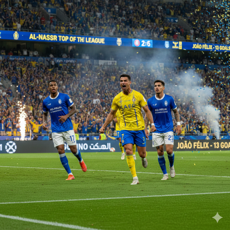 Photographie d'un match de football dans un stade saoudien bondé. Au centre, un joueur ressemblant à Cristiano Ronaldo, portant le maillot jaune et bleu d'Al-Nassr, exulte de joie. À ses côtés, des joueurs en maillot bleu d'Al-Hilal sont en mouvement sur la pelouse. En arrière-plan, les tribunes sont remplies de supporters et des écrans géants affichent des messages de victoire comme "AL-NASSR TOP OF THE LEAGUE". Des confettis bleus tombent du ciel et des effets pyrotechniques sont visibles sur le bord du terrain.