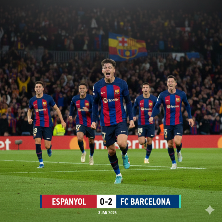 Célébration des joueurs du FC Barcelone après les buts de Dani Olmo et Lewandowski contre l'Espanyol en Liga