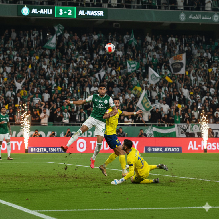 Scène de match de football intense dans un stade saoudien moderne et complet. Au centre, Cristiano Ronaldo, portant le maillot jaune d'Al-Nassr, crie de joie en courant sur la pelouse. Il est entouré de deux joueurs adverses en maillot bleu marine. En arrière-plan, les tribunes sont bondées de supporters, avec des écrans LED affichant "AL-NASSR TOP OF THE LEAGUE" et des confettis tombant du ciel.
