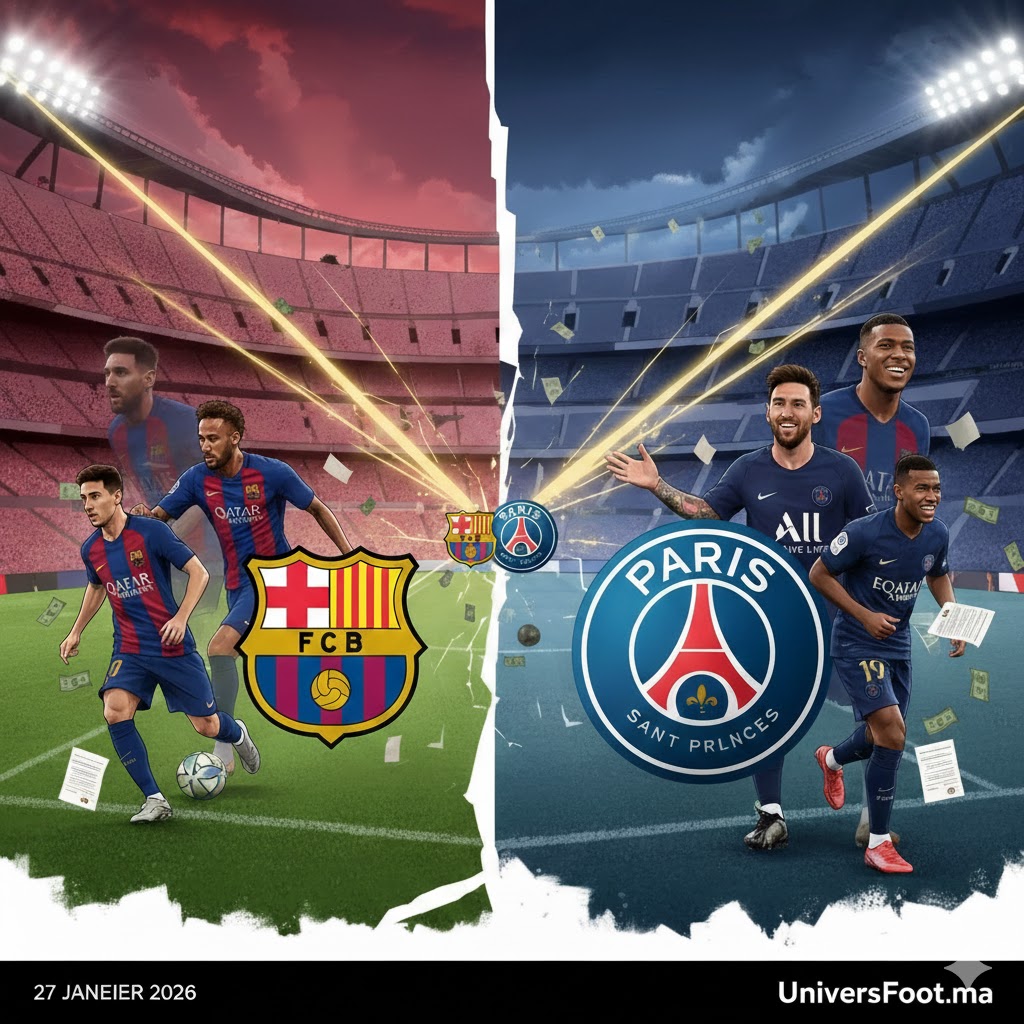 Illustration montrant la rivalité entre le PSG et le FC Barcelone sur le marché des transferts, avec des joueurs emblématiques comme Neymar et Messi, des contrats et des piles de billets symbolisant les clauses libératoires.