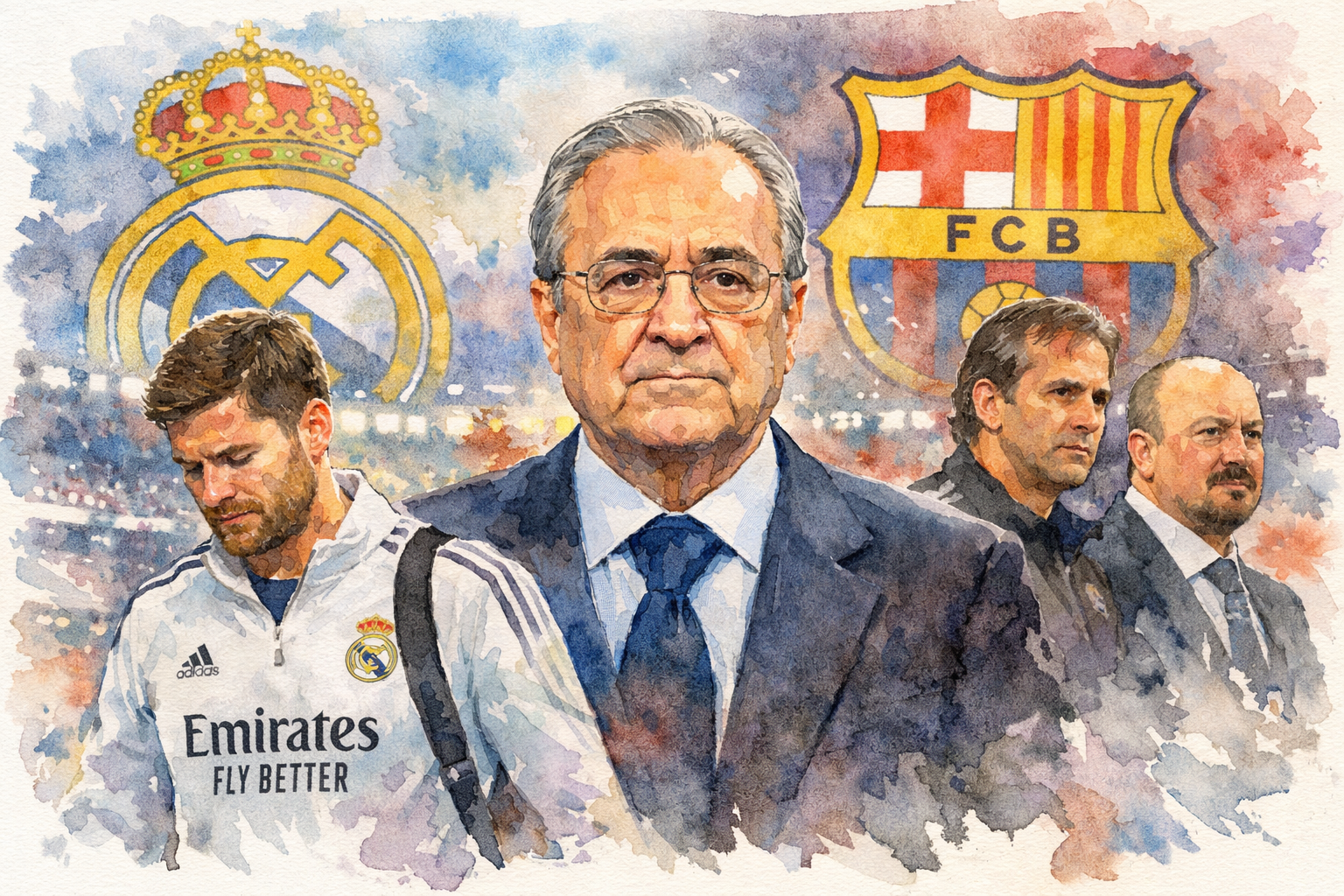 Florentino Pérez entouré de Xabi Alonso, Julen Lopetegui et Rafael Benítez après des Clasicos décisifs entre le Real Madrid et le FC Barcelone, illustration aquarelle.