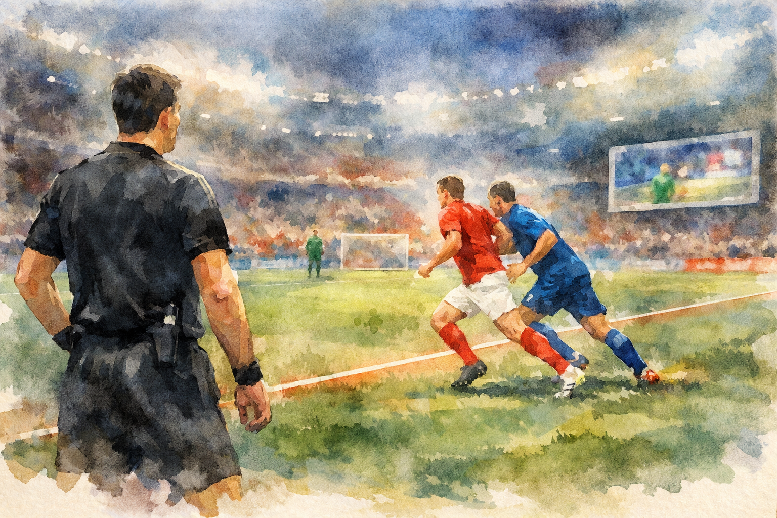 Hors-jeu au football analysé par la VAR lors d’un match professionnel dans un stade moderne