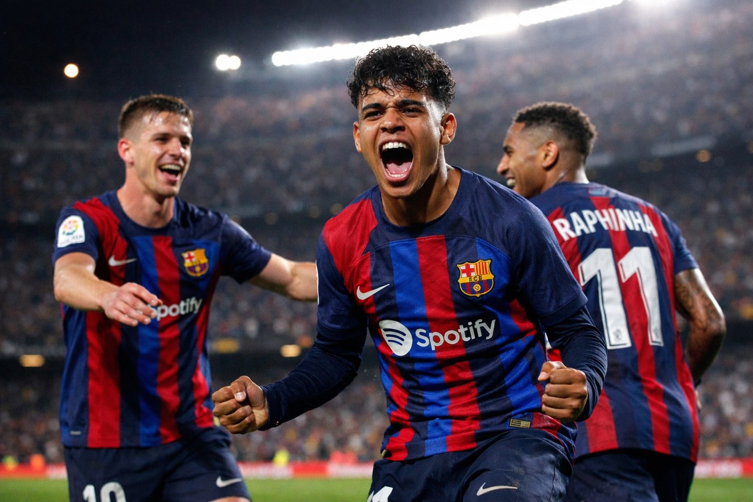 Joueurs du FC Barcelone célébrant un but au Camp Nou lors de la victoire contre le Real Oviedo en Liga