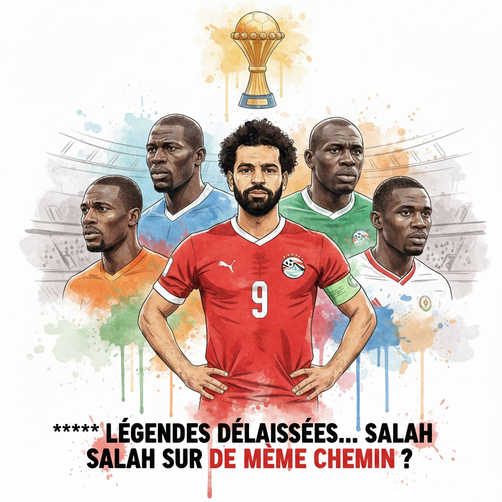 Illustration de style aquarelle montrant Mohamed Salah au premier plan, entouré de portraits de légendes du football africain comme Didier Drogba et George Weah, avec le trophée de la Coupe d'Afrique des Nations en arrière-plan.