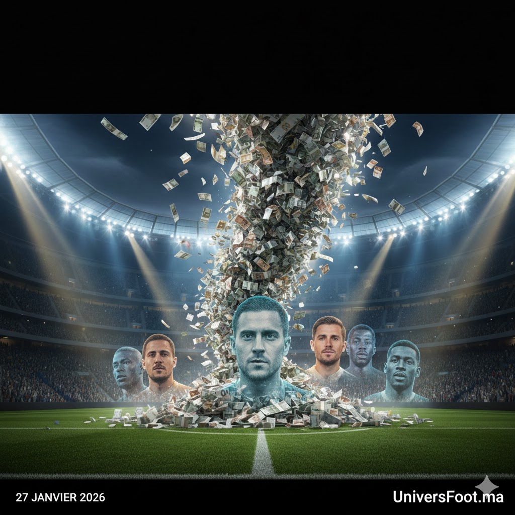 Montage illustrant un tourbillon de billets de banque dans un stade de football avec les visages de joueurs célèbres comme Eden Hazard et Paul Pogba, symbolisant les transferts les plus chers et ratés de l'histoire.