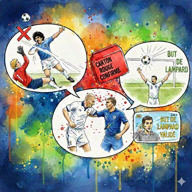 Illustration style aquarelle représentant trois moments historiques de la Coupe du Monde influencés par le VAR : la main de Maradona en 1986, le coup de tête de Zidane en 2006 et le but fantôme de Lampard en 2010.