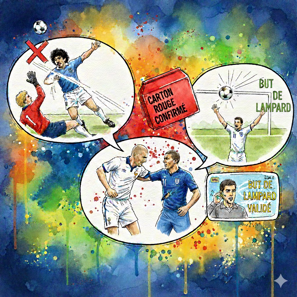 Illustration style aquarelle représentant trois moments historiques de la Coupe du Monde influencés par le VAR : la main de Maradona en 1986, le coup de tête de Zidane en 2006 et le but fantôme de Lampard en 2010.