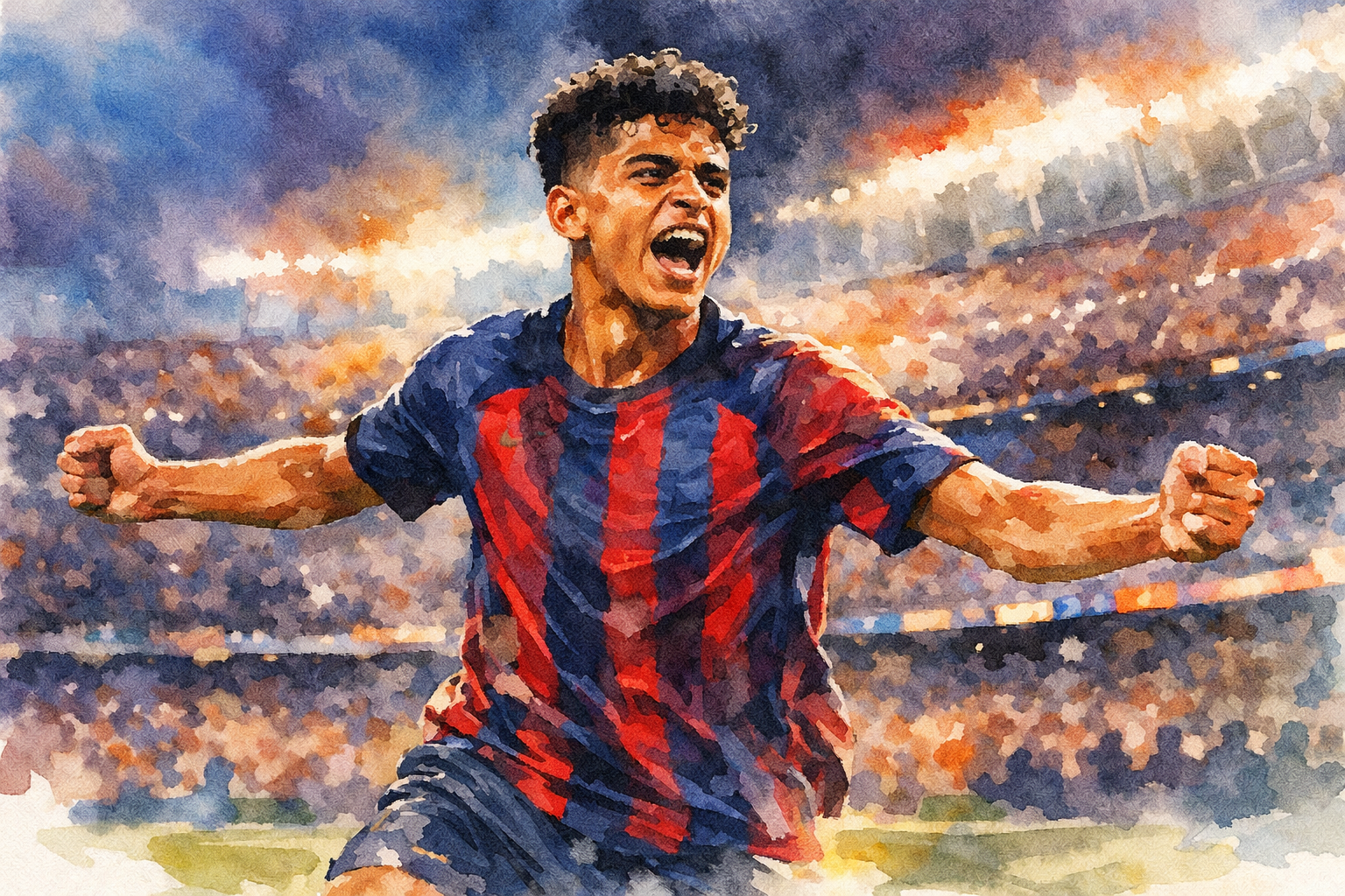Lamine Yamal célèbre un but avec le FC Barcelone, illustration aquarelle
