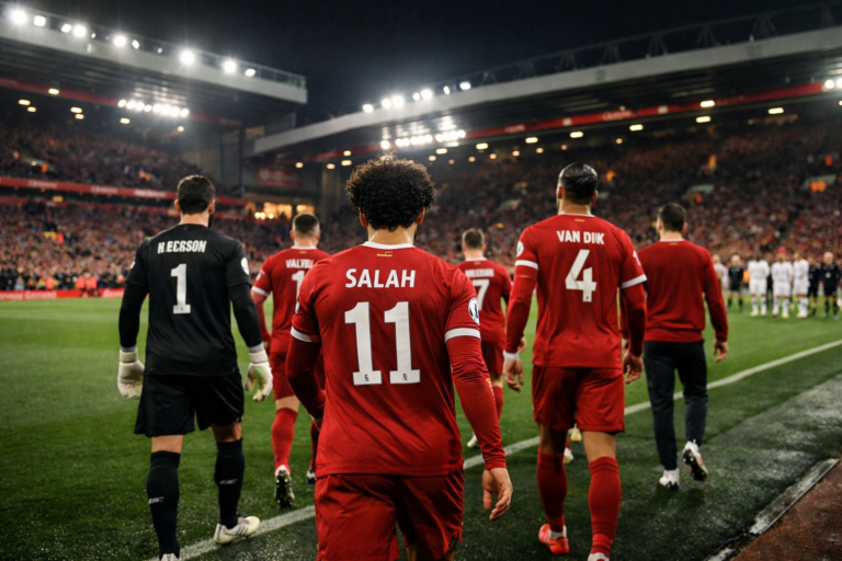 Joueurs de Liverpool à Anfield en février 2026 avant une série de matchs décisifs pour la saison