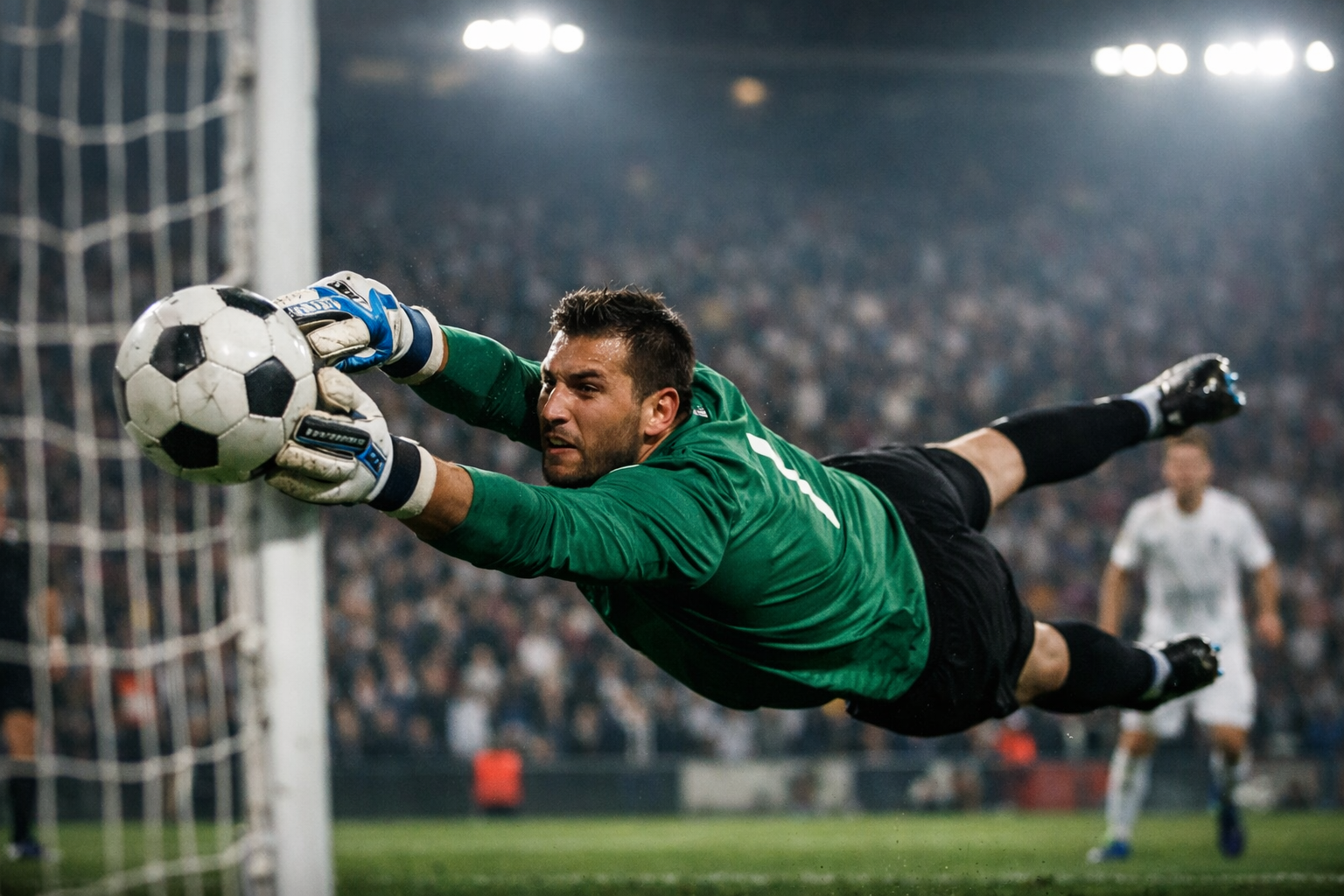 Gardien de but en pleine extension arrêtant un tir au but lors d’un match de football