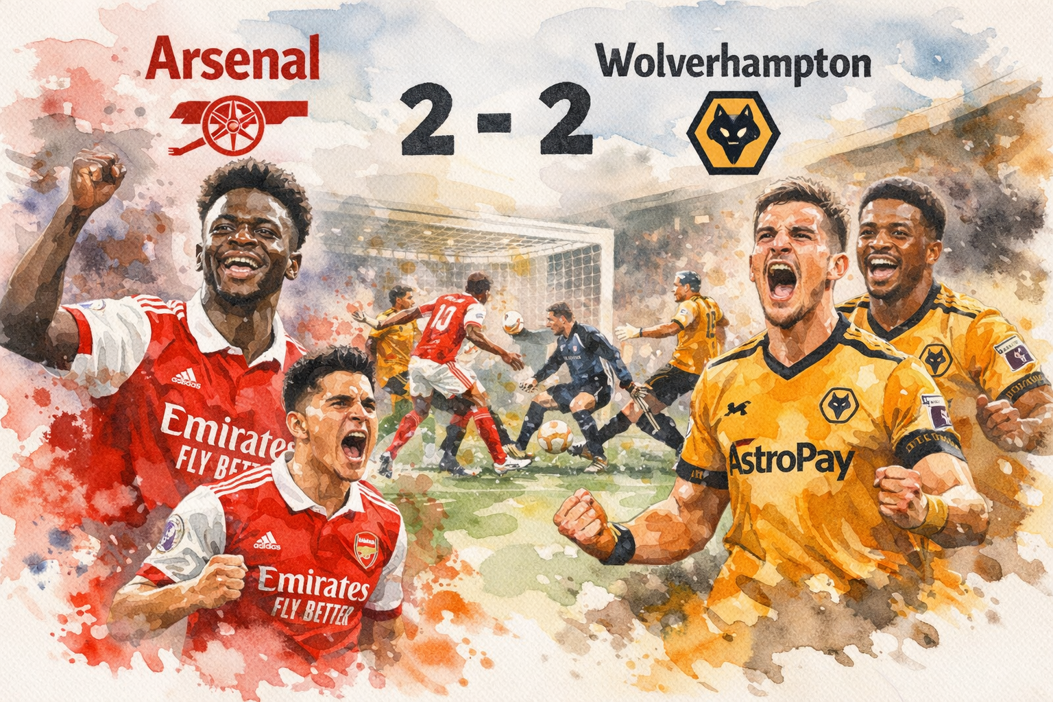 Illustration aquarelle du match Arsenal Wolverhampton terminé sur le score de 2-2 en Premier League