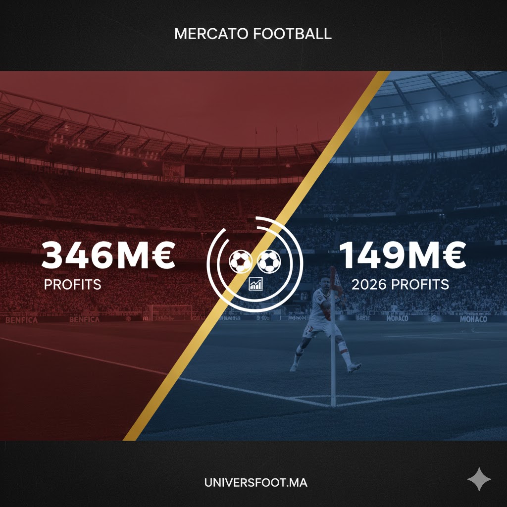 Graphique des profits de transferts 2026 montrant Benfica et l'AS Monaco en tête des clubs les plus rentables d'Europe.