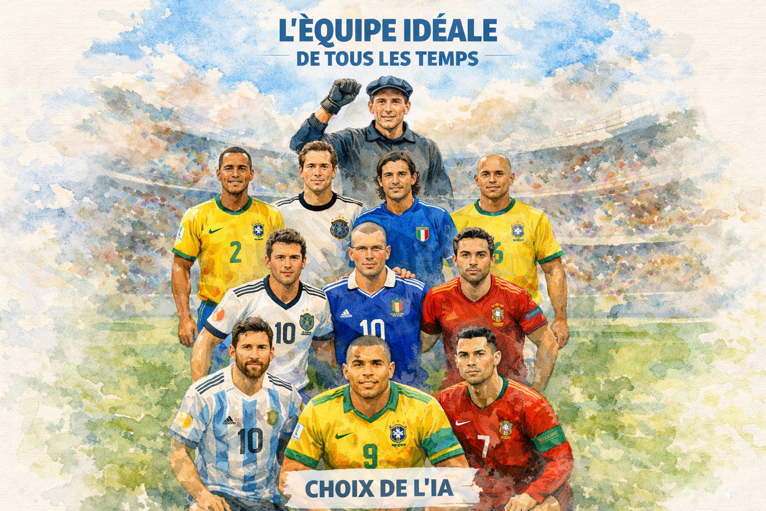 Illustration aquarelle de l’équipe idéale de tous les temps choisie par l’intelligence artificielle avec Messi, Cristiano Ronaldo et Zidane