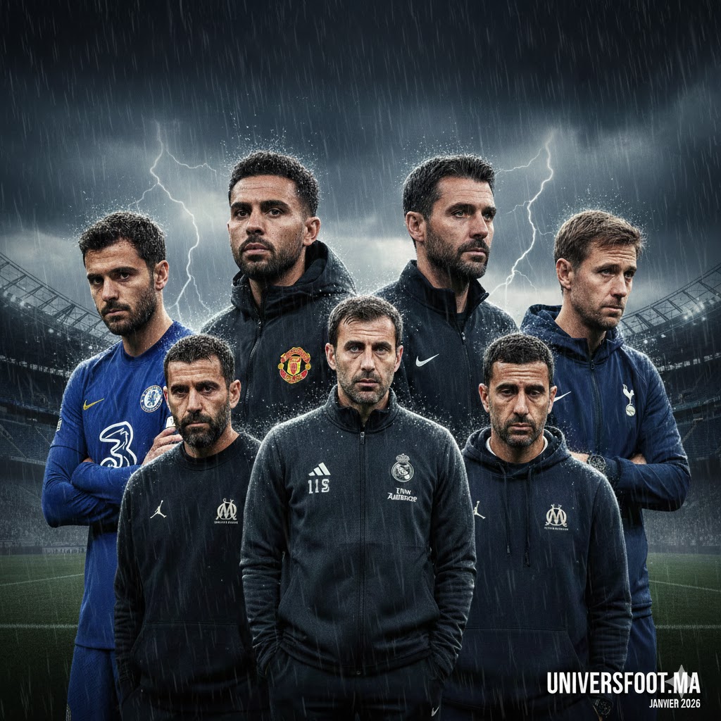 Montage des entraîneurs licenciés en 2026 : Xabi Alonso, Roberto De Zerbi, Enzo Maresca et Rúben Amorim sous un ciel