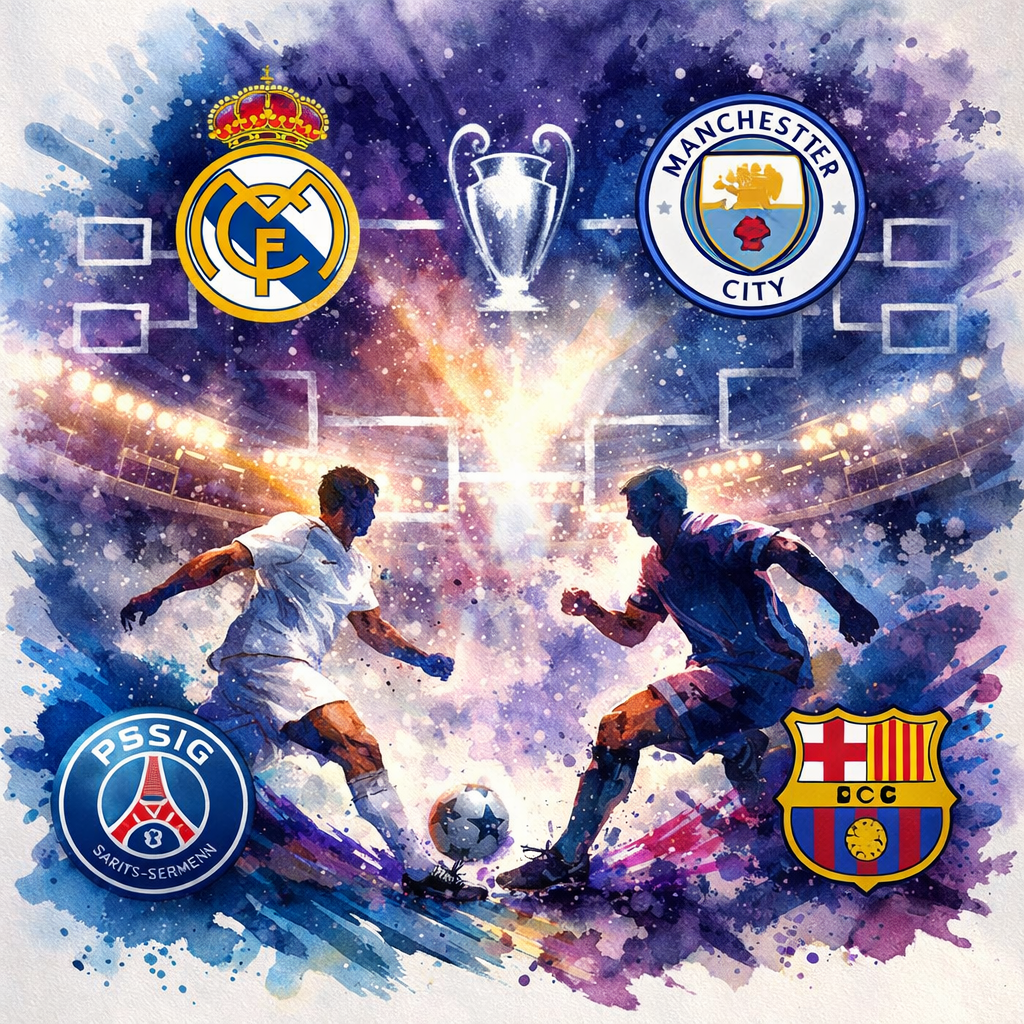 Illustration aquarelle moderne des confrontations potentielles des huitièmes de finale de la Ligue des champions 2026