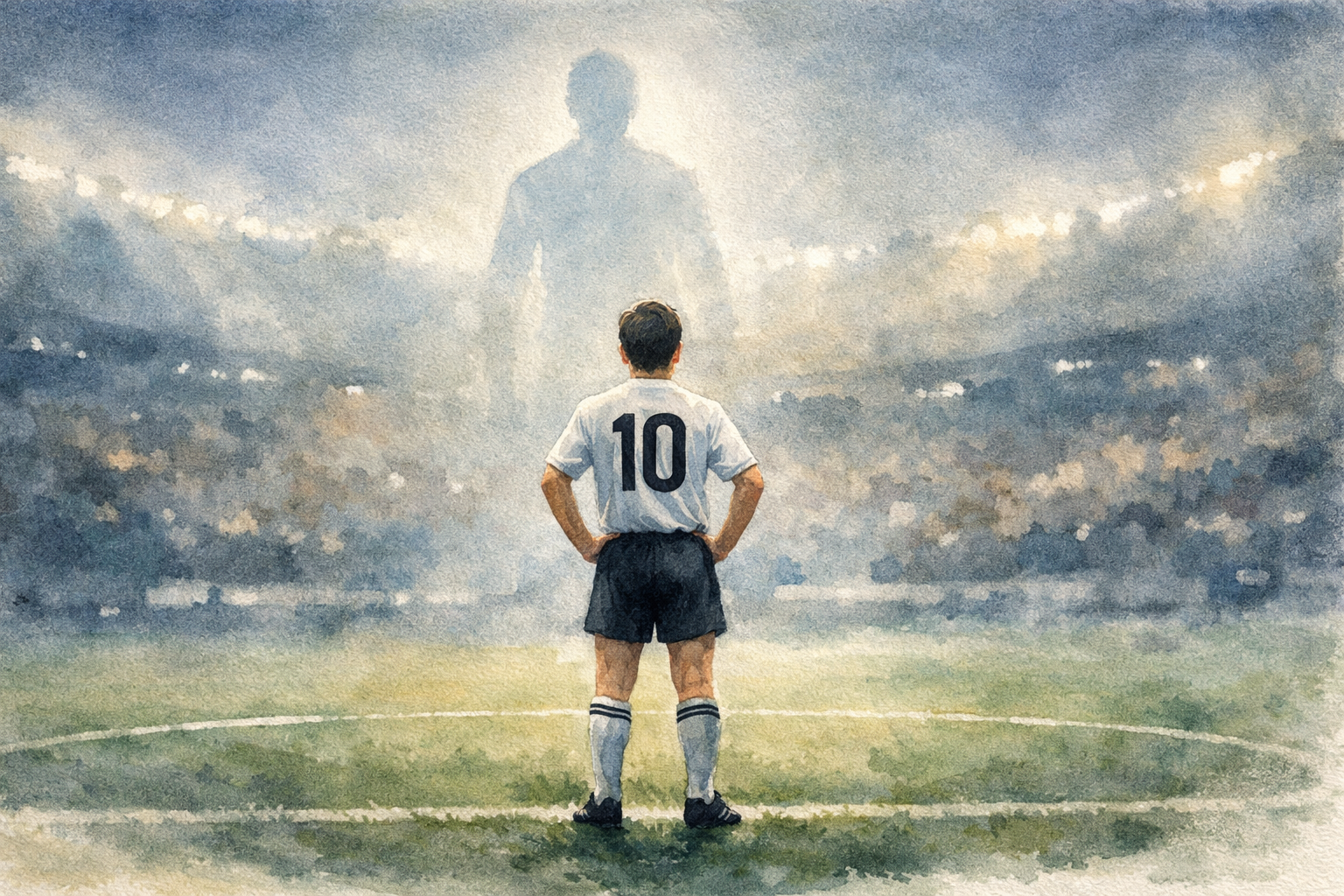 Jeune footballeur numéro 10 entouré d’ombres floues, symbolisant la pression médiatique et les attentes liées au surnom "nouveau Messi" (aquarelle)