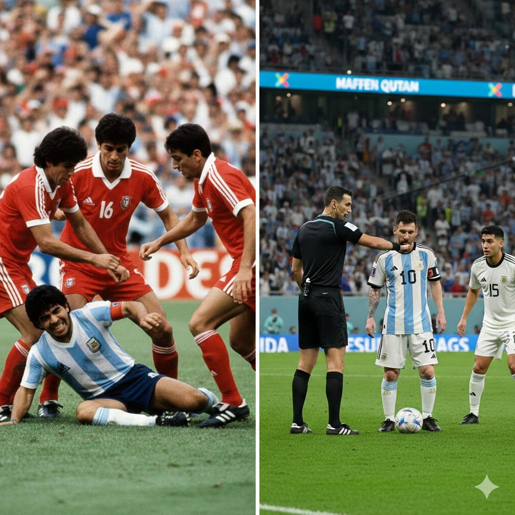 Comparaison entre Diego Maradona au sol entouré de défenseurs en 1986 et Lionel Messi protégé par un arbitre sur un terrain de football moderne.