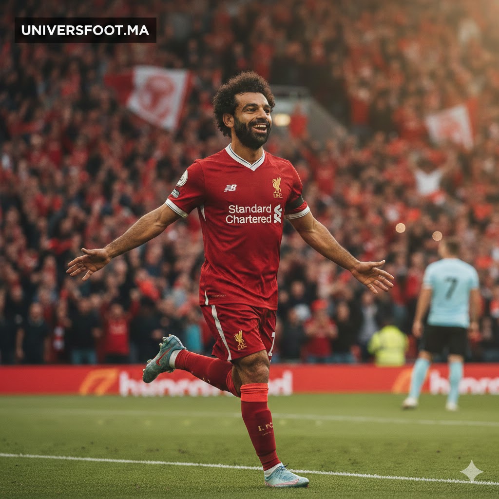 Mohamed Salah célébrant un but avec Liverpool à Anfield devant les supporters.
