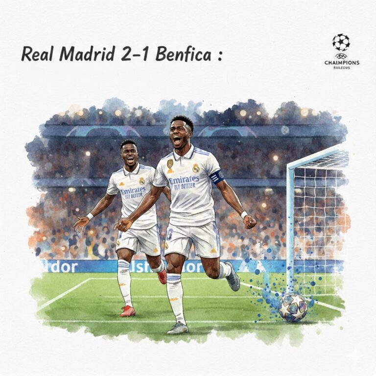 Illustration style aquarelle montrant Vinícius Júnior et les joueurs du Real Madrid célébrant la victoire 2-1 contre le Benfica en Ligue des Champions.