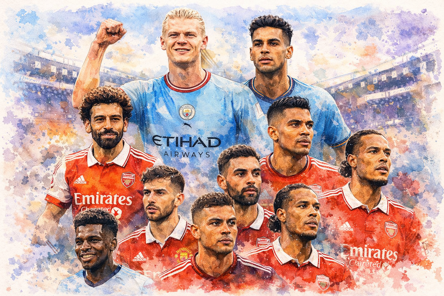 Illustration aquarelle montrant Erling Haaland, Mohamed Salah et plusieurs stars de Premier League représentant les joueurs les mieux payés du championnat anglais.