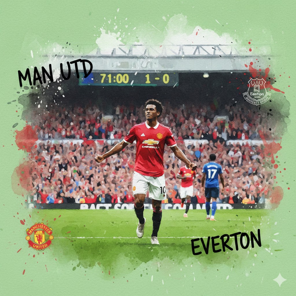 Illustration style aquarelle d'un joueur de Manchester United célébrant un but face à Everton dans un stade comble, avec les logos des clubs et le score de 1-0 à la 71ème minute.