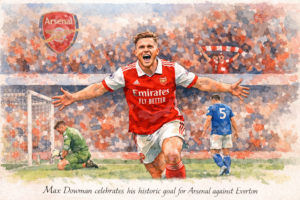 Illustration style aquarelle d'un jeune footballeur d'Arsenal célébrant un but historique en Premier League.