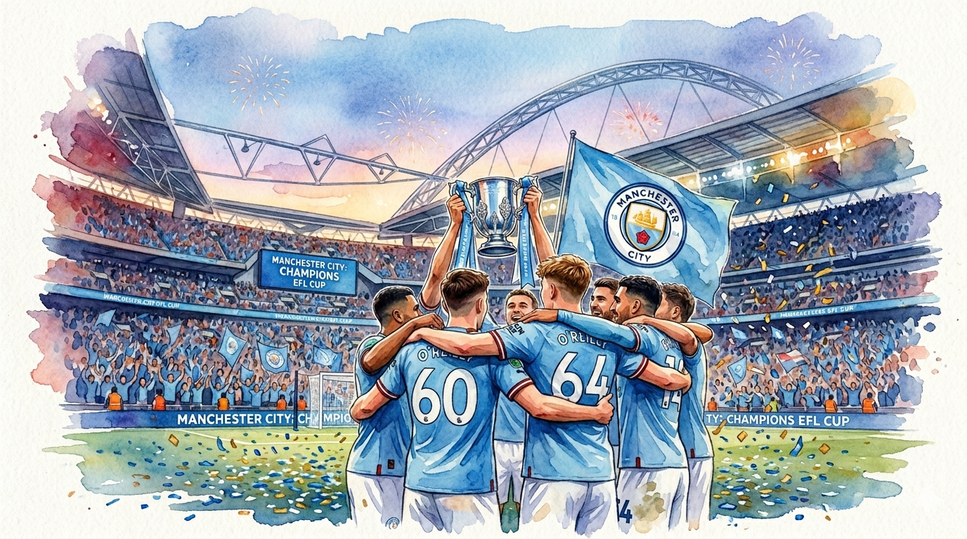 Illustration style aquarelle montrant les joueurs de Manchester City célébrant leur victoire en Coupe de la Ligue à Wembley, avec Nico O'Reilly soulevant le trophée.