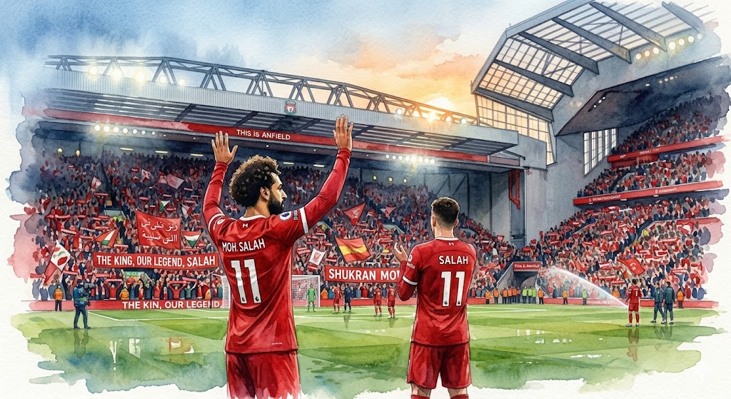Une peinture à l'aquarelle émouvante montrant Mohamed Salah, de dos portant le numéro 11 de Liverpool, saluant la tribune du Kop à Anfield sous une lumière du soir. Les supporters brandissent des écharpes et des bannières "SHUKRAN MO" et "THE KING, OUR LEGEND, SALAH" dans un style artistique.