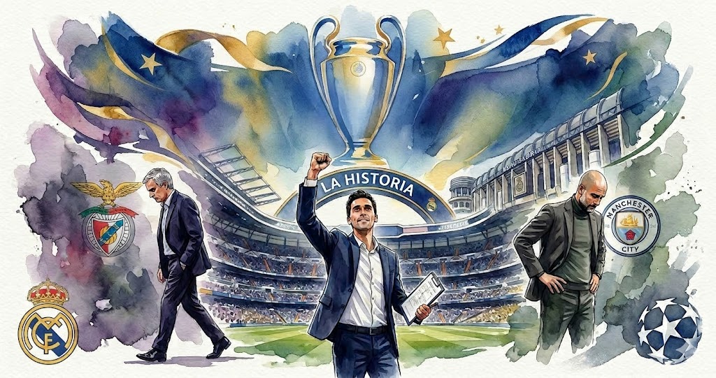 Illustration à l'aquarelle montrant Álvaro Arbeloa célébrant la victoire du Real Madrid au Santiago Bernabéu, entouré du trophée de la Ligue des Champions, des logos du Real Madrid, de Manchester City et de Benfica, et des figures de Pep Guardiola et José Mourinho.