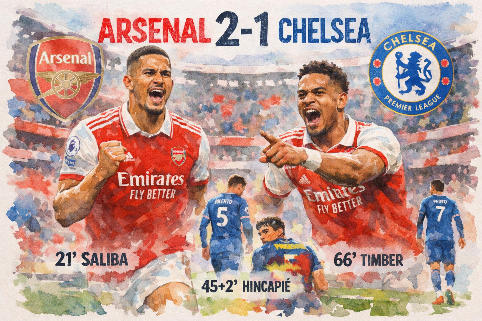 Illustration style aquarelle du match Arsenal vs Chelsea (2-1) en Premier League avec William Saliba et Jurriën Timber célébrant la victoire des Gunners.