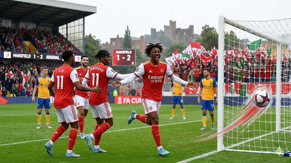 Eberechi Eze et Noni Madueke célèbrent le but de la qualification d'Arsenal face à Mansfield Town en FA Cup.