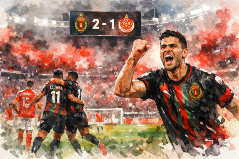 AS FAR Rabat contre Wydad Casablanca au stade Mohammed V – derby de Botola illustré en style aquarelle après la victoire 2-1 des Militaires