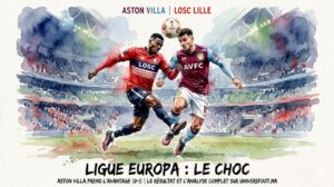 Illustration aquarelle du match Aston Villa vs LOSC Lille en Ligue Europa avec joueurs en duel.