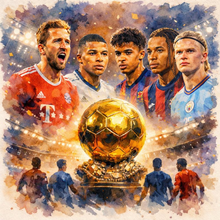 Illustration aquarelle représentant la course au Ballon d’Or 2026 avec Harry Kane, Kylian Mbappé, Lamine Yamal et Erling Haaland parmi les favoris
