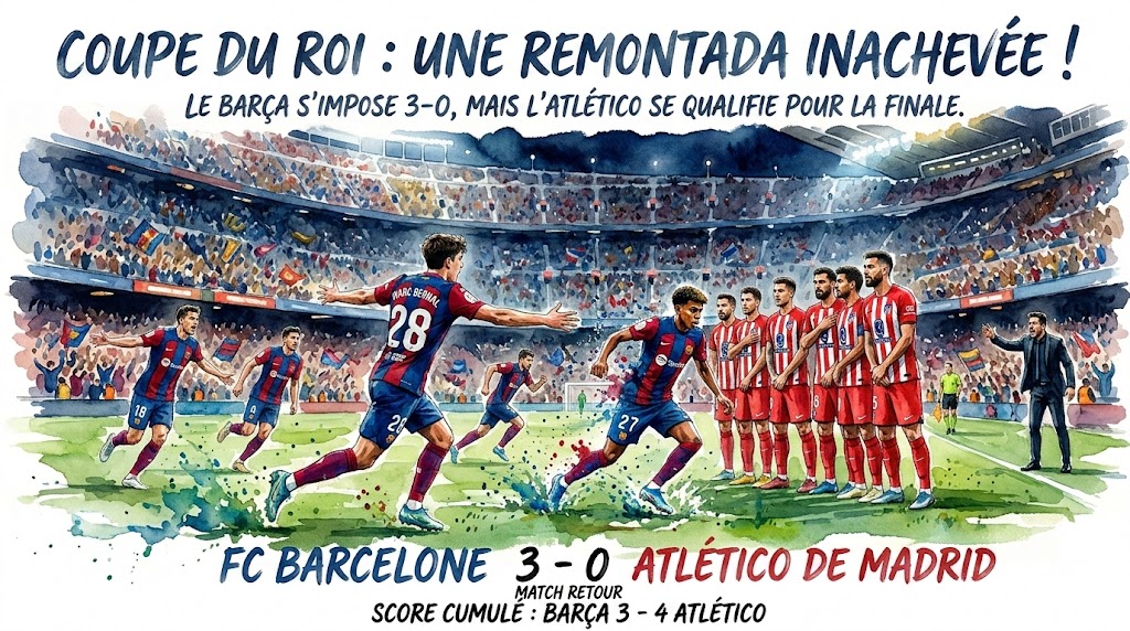 Une illustration sportive dynamique en aquarelle représentant un match de football entre le FC Barcelone et l'Atlético de Madrid dans un grand stade bondé la nuit. Les joueurs de Barcelone (en bleu et rouge) attaquent en masse contre une ligne défensive compacte de l'Atlético (en rouge et blanc) près du but. Au-dessus, un titre en aquarelle : "COUPE DU ROI : UNE REMONTADA INACHEVÉE !". En dessous, le score final : "FC BARCELONE 3 - 0 ATLÉTICO DE MADRID", le match retour et le score cumulé (Barça 3 - 4 Atlético). Le style est fluide, expressif et plein de mouvement.