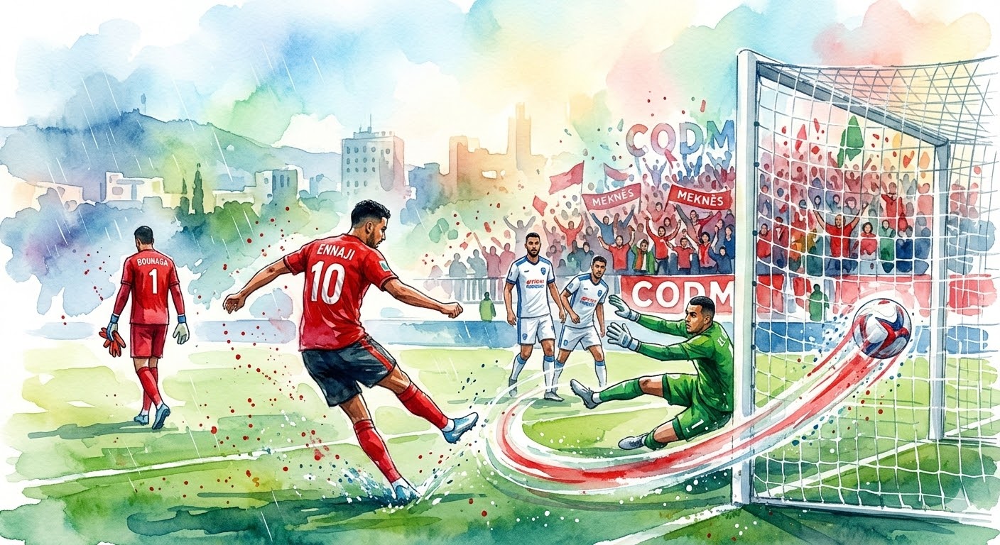 Illustration à l'aquarelle montrant le but de Ennaji pour le COD Meknès contre l'Ittihad de Tanger, avec le gardien Bounaga quittant le terrain en arrière-plan.