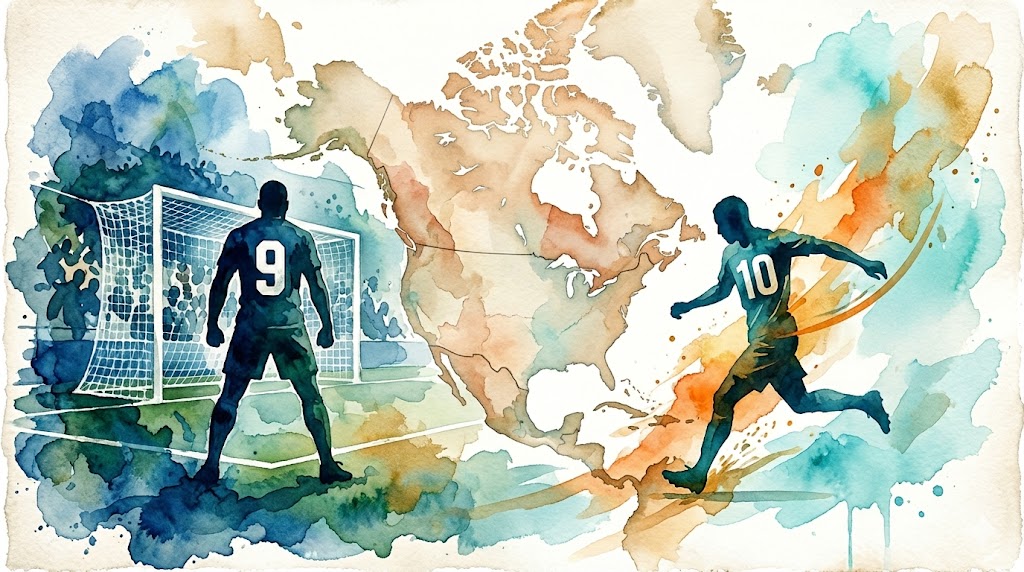 Une aquarelle montrant deux joueurs de football de dos : à gauche, un solide numéro 9 devant le but adverse (tons bleus), à droite, un numéro 10 agile s'échappant vers l'avant (tons orange et bleu vif). L'image illustre le contraste tactique au football.