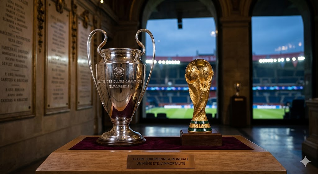 Photographie des deux trophées les plus prestigieux du football, la Coupe aux grandes oreilles de la Ligue des Champions et le trophée de la Coupe du Monde de la FIFA, posés côte à côte sur un socle en bois dans un stade de football.