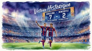 Illustration à l'aquarelle du stade du FC Barcelone montrant Raphinha et Lamine Yamal célébrant devant un tableau d'affichage indiquant 7-2 contre Newcastle United en Ligue des Champions.