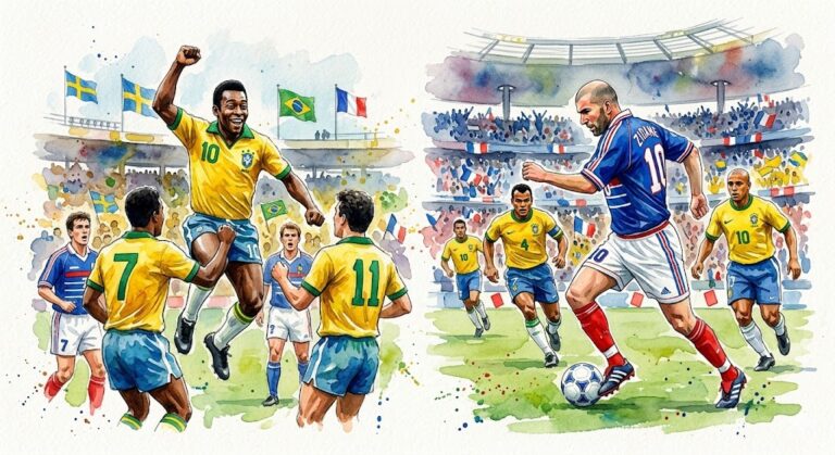 Peinture aquarelle comparant Pelé célébrant un but avec le Brésil en 1958 et Zinedine Zidane dribblant avec la France en 1998, deux moments légendaires des matchs Brésil-France.