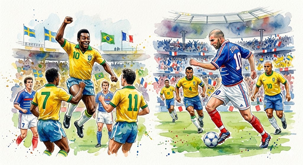 Peinture aquarelle comparant Pelé célébrant un but avec le Brésil en 1958 et Zinedine Zidane dribblant avec la France en 1998, deux moments légendaires des matchs Brésil-France.