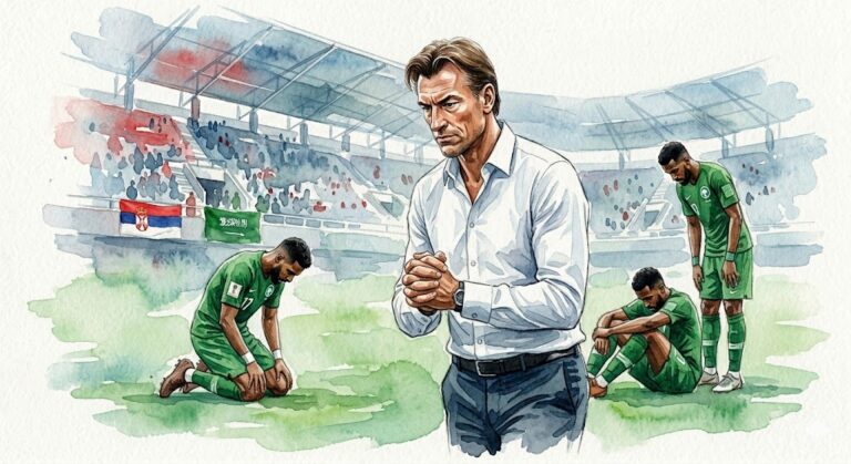 Illustration style aquarelle montrant l'entraîneur Hervé Renard pensif avec des joueurs saoudiens déçus sur le terrain après une défaite face à la Serbie.