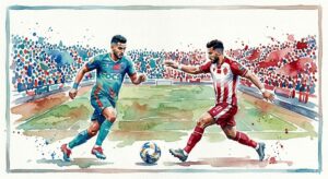 Illustration artistique style aquarelle d'un duel de football entre un joueur de l'Olympic de Safi (maillot bleu ciel "OCS") et un joueur du Wydad Casablanca (maillot rayé rouge et blanc) dans un stade plein.