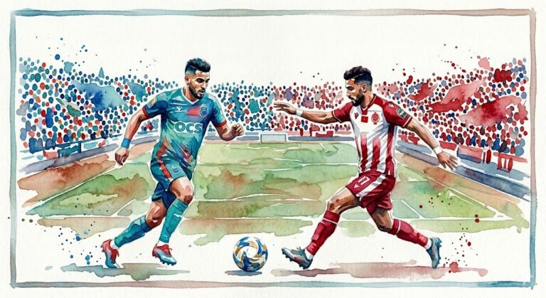 Illustration artistique style aquarelle d'un duel de football entre un joueur de l'Olympic de Safi (maillot bleu ciel "OCS") et un joueur du Wydad Casablanca (maillot rayé rouge et blanc) dans un stade plein.