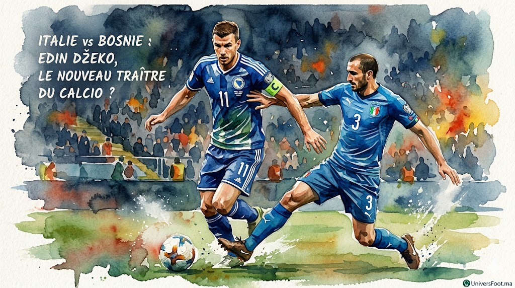 Illustration aquarelle d'Edin Džeko sous le maillot de la Bosnie en duel contre un défenseur italien pour le barrage du Mondial 2026.