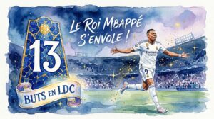Une illustration aquarelle de Kylian Mbappé en maillot du Real Madrid célébrant sur la pelouse avec un large sourire. À sa gauche, une structure en mosaïque affiche le chiffre '13' avec le texte 'BUTS EN LDC' sur un parchemin. Le titre 'LE ROI MBAPPÉ S'ENVOLE !' est calligraphié en haut au centre.