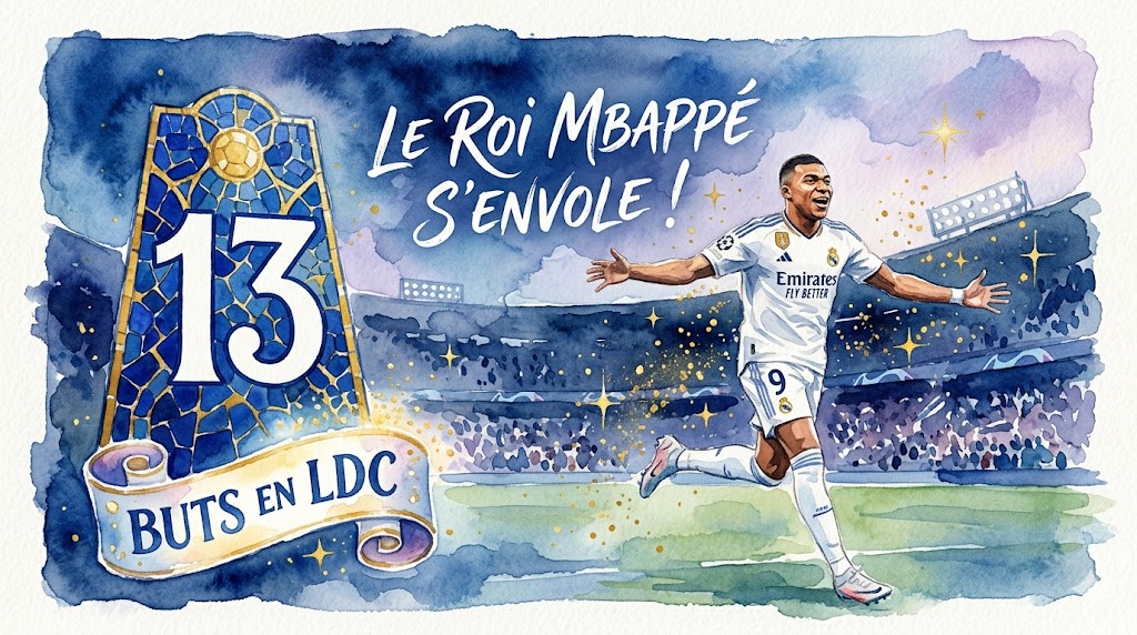 Une illustration aquarelle de Kylian Mbappé en maillot du Real Madrid célébrant sur la pelouse avec un large sourire. À sa gauche, une structure en mosaïque affiche le chiffre '13' avec le texte 'BUTS EN LDC' sur un parchemin. Le titre 'LE ROI MBAPPÉ S'ENVOLE !' est calligraphié en haut au centre.