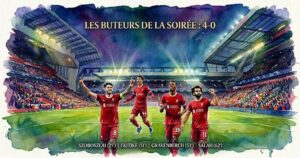 Illustration aquarelle des buteurs de Liverpool (Salah, Ekitike, Szoboszlai, Gravenberch) célébrant la victoire 4-0 contre Galatasaray à Anfield.