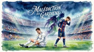 Illustration aquarelle de Thibaut Courtois (Real Madrid) et Joan García (Barça) célébrant sur une pelouse sous une silhouette d'une 'malédiction' spectrale avec le titre 'LA MALÉDICTION DES GARDIENS' dans le ciel.