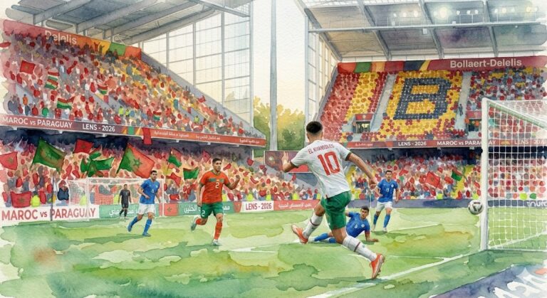 Illustration en style aquarelle montrant Bilal El Khannouss et Achraf Hakimi lors du match amical Maroc vs Paraguay à Lens, avec les supporters marocains en arrière-plan.